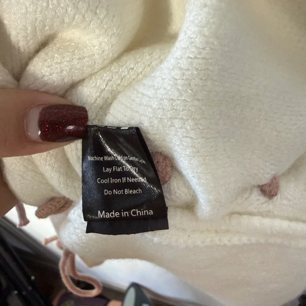 POL Cream Distressed Lace‎ Up Oversized Knit Sweater Pink Cord Detail S